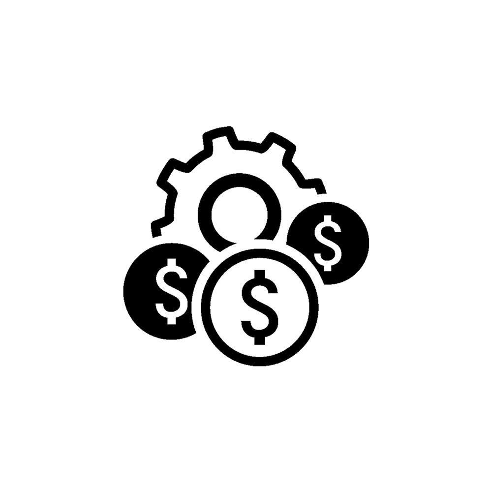 A picture of a figure that has a gear with differen money symbols around the edge of the gear