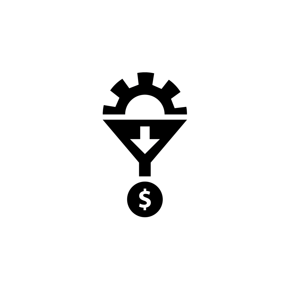 A picture of a figure that has a gear on top of a funnel leading to a dollar symbol at the bottom