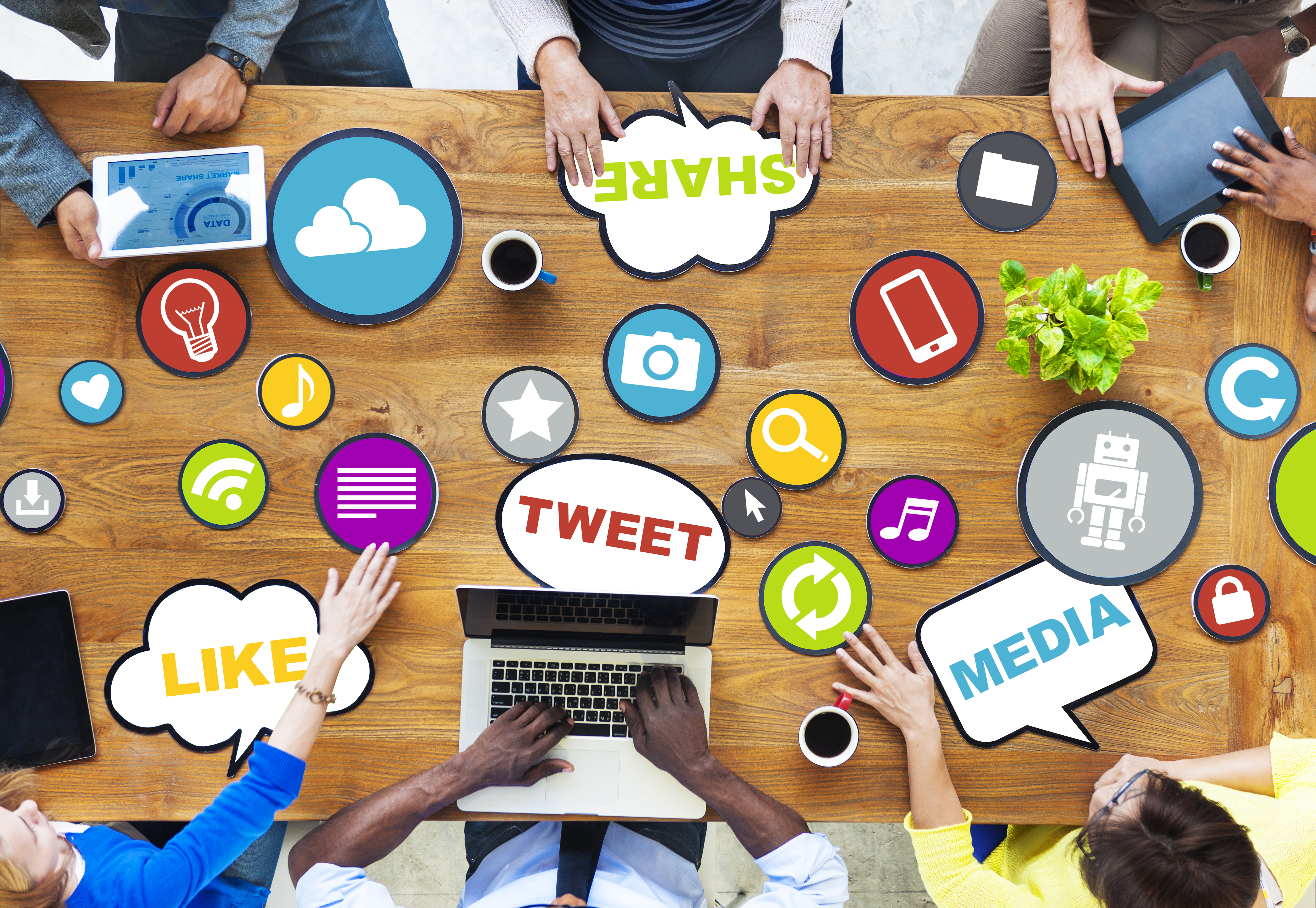A picture of all the different social media logos with little icons showing how you can interact with those social media platforms